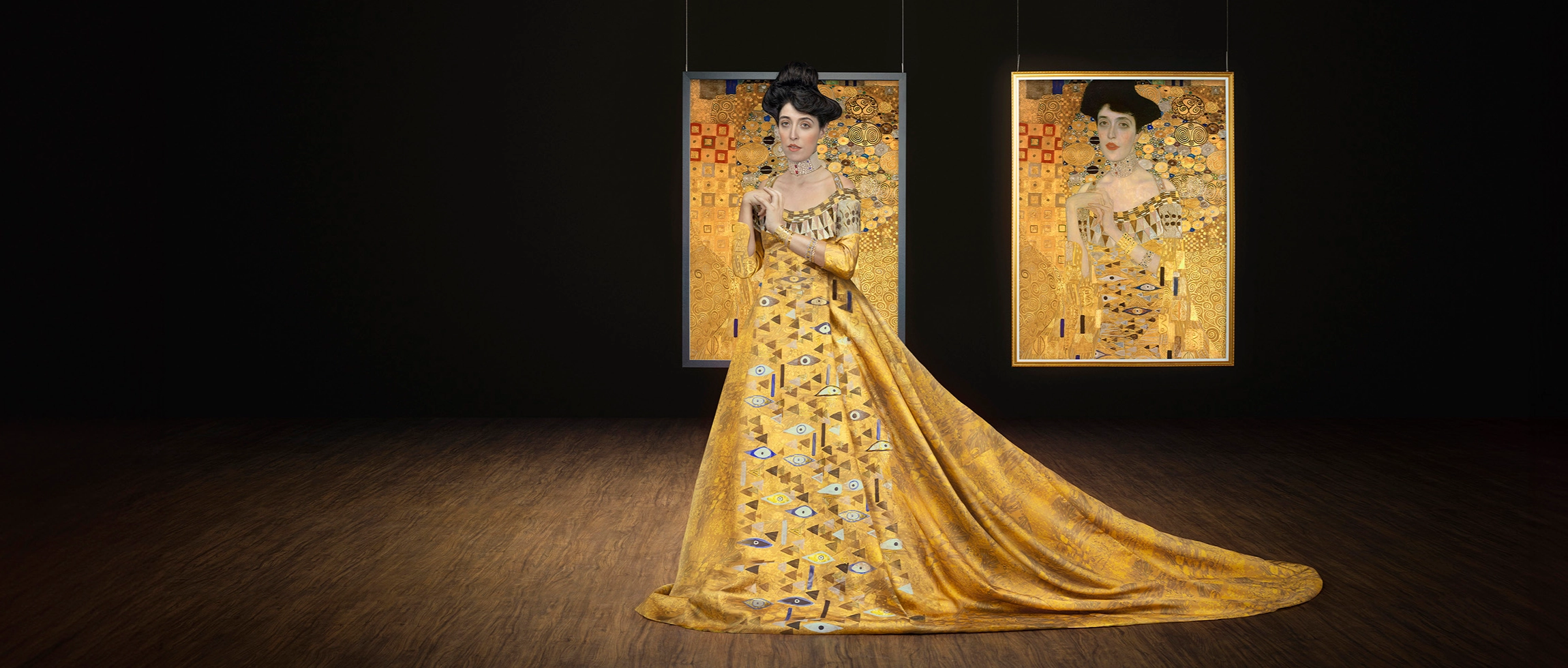 Campaign imagery of Klimt portrait of The Woman in Gold and a lookalike model